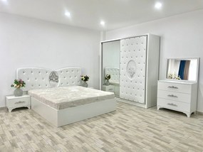 Dormitor Viena, culoare alb, cu pat tapitat 160 x 200 cm, dulap cu 2 usi, comoda cu oglinda, 2 noptiere si saltea