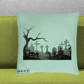 Perna Decorativa Halloween Cimitir Acuarela cu Dovleac, 40x40 cm, Verde Menta, Husa Detasabila, Perna Inclusa, BEKZ®
