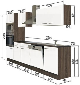 Mobilă de bucătărie Yorki cu corp din stejar Yorki, față alb satinat, dimensiune 280 cm