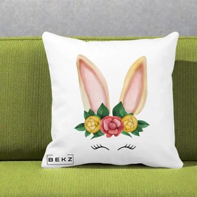 Perna Decorativa Iepuras Flori Urechi Pastelui, 40x40 cm, Alba Mata, Husa Detasabila, Perna Inclusa, BEKZ®