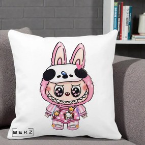 Perna Personalizata Labubu Panda-Bunny Roz, 40x40 cm, Alba Mata, Husa Detasabila, Perna Inclusa, BEKZ®