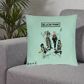 Perna Personalizata K-pop BLACKPINK Fotografie Grup Autografe Toate Membre, 40x40 cm, Verde Menta, Husa Detasabila, Perna Inclusa, BEKZ®