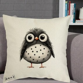 Perna Decorativa Bufnita Neagra cu Buline Albe, 40x40 cm, Ecru, Husa Detasabila, Perna Inclusa, BEKZ®