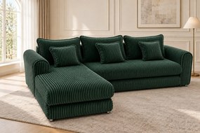 Colțar extensibil Sienna Mini din stofă raiată, verde, colț pe stânga, cu ladă de depozitare