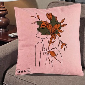 Perna Decorativa Portret Feminin Crin Auriu, 40x40 cm, Roz, Husa Detasabila, Perna Inclusa, BEKZ®