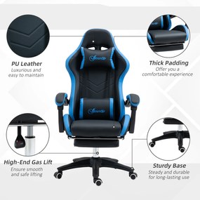 Scaun de gaming din piele ecologica PU si otel cu inaltime reglabila si spatar inclinabil, 65x65x121-129 cm, albastru si negru | Aosom Romania