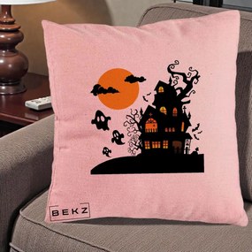 Perna Decorativa Halloween Casa Bantuita cu Fantome, 40x40 cm, Roz, Husa Detasabila, Perna Inclusa, BEKZ®