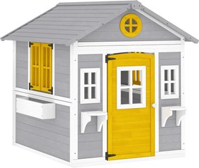Outsunny Căsuță pentru Copii din Lemn, Exterior și Interior, cu Ușă, Ferestre, Jardiniere și Suporturi pentru Flori, Gri | Aosom Romania