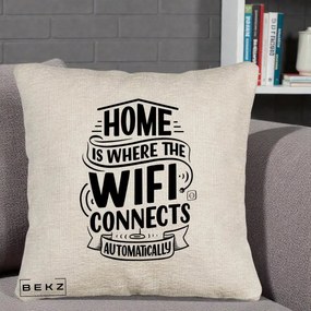 Perna Decorativa Home Is Where WiFi Connects, 40x40 cm, Bej Canapea, Husa Detasabila, Perna Inclusa, BEKZ®