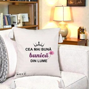 Cadou pentru Bunica - Perna Personalizata Cea Mai Buna Bunica Din Lume Coroana Mov Floare Roz, 40x40 cm, Bej cu Franjuri, Husa Detasabila, Perna Inclusa, BEKZ®