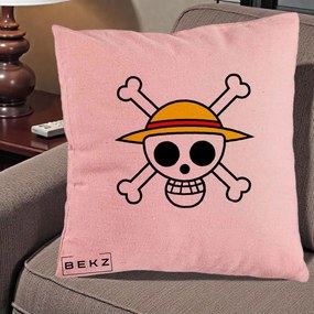 Perna Personalizata One Piece Jolly Roger Straw Hat Pirates, 40x40 cm, Roz, Husa Detasabila, Perna Inclusa, BEKZ®
