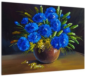 Tablou pe sticlă - Flori albastre în vază (70x50 cm)
