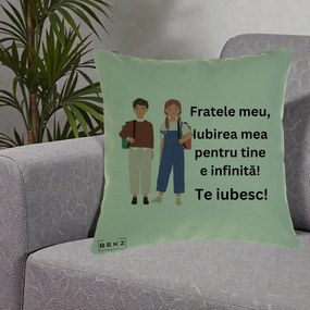 Cadou pentru Frate - Perna Personalizata Fratele Meu Te Iubesc Elevi Ilustratie Colorata, 40x40 cm, Verde, Husa Detasabila, Perna Inclusa, BEKZ®