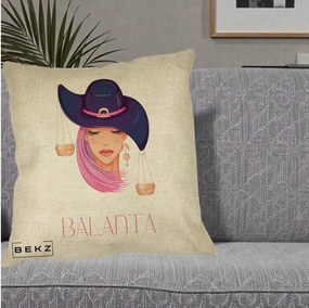 Perna Personalizata Zodiac Balanta Cowgirl, 40x40 cm, Crem, Husa Detasabila, Perna Inclusa, BEKZ®