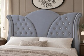 Pat tapițat Chesterfield din catifea Velora Deluxe 180×200 cm, gri deschis, cu ladă de depozitare