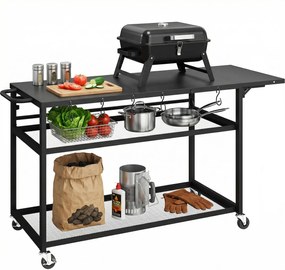 Outsunny Măsuță de grădină cărucior de grătar pe roți cu Blat Lateral Pliabil, Trei Rafturi, 133 x 48,5 x 82 cm, Negru | Aosom Romania