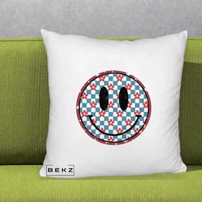 Perna Decorativa Smiley Face Checkered cu Floricele, 40x40 cm, Alb Pufos, Husa Detasabila, Perna Inclusa, BEKZ®