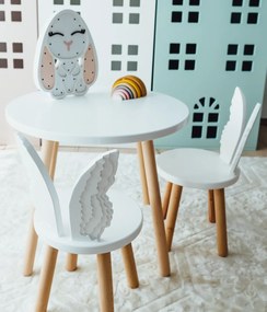 Set masuta rotunda alba si 2 scaunele ingeras albe