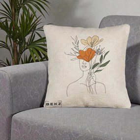 Perna Decorativa Portret Feminin Coroana Florala, 40x40 cm, Bej Canapea, Husa Detasabila, Perna Inclusa, BEKZ®