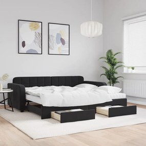 vidaXL Pat de zi cu extensie și sertare, negru, 90x200 cm, catifea