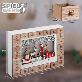 Calendar advent din lemn SANTA CLAUS cu iluminare, 35x6x27cm, alb/maro Spielwerk