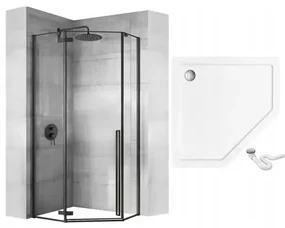 Cabina dus cu cadita pentagonala Rea Diamond negru cu usa batanta 90x90 alb