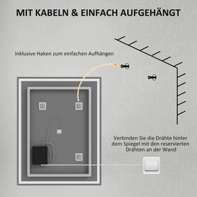HOMCOM Oglinda de baie cu iluminare 90x70 cm LED Spiegel Wandspiegel cu functie de memorie 3 culori Argintiu | Aosom Romania