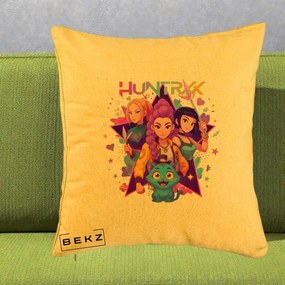 Perna Personalizata K-pop HUNTRX Trio cu Pisica Stele, 40x40 cm, Galben, Husa Detasabila, Perna Inclusa, BEKZ®