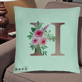 Cadou Personalizat - Perna Personalizata Monograma Rose Gold Litera H, 40x40 cm, Verde Menta, Husa Detasabila, Perna Inclusa, BEKZ®