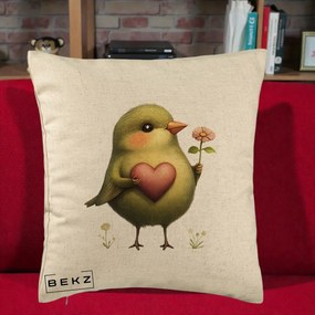 Perna Decorativa Pasare Verde cu Inima si Floare, 40x40 cm, Bej, Husa Detasabila, Perna Inclusa, BEKZ®