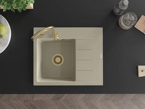 Mexen Ben chiuvetă de granit cu 1 compartiment cu scurgător, stânga 600 x 500 mm, bej, sifon auriu - 6522605000-69-G