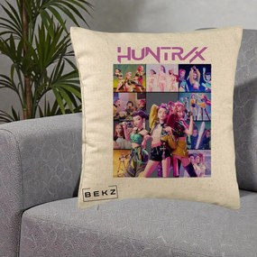 Perna Personalizata K-pop HUNTRX Colaj Animat Foto Grup, 40x40 cm, Bej, Husa Detasabila, Perna Inclusa, BEKZ®