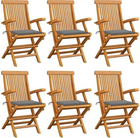 vidaXL Scaune de grădină cu perne gri, 6 buc., lemn masiv de tec