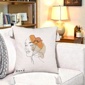 Perna Decorativa Portret Feminin Mac Mare Portocaliu, 40x40 cm, Bej cu Franjuri, Husa Detasabila, Perna Inclusa, BEKZ®