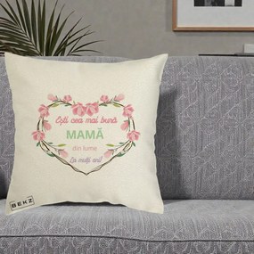 Cadou pentru Mama - Perna Personalizata Esti Cea mai Buna Mama din Lume La Multi Ani cu Inima Florala, 40x40 cm, Ecru, Husa Detasabila, Perna Inclusa, BEKZ®
