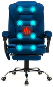 Scaun directorial cu Masaj și Încălzire, functie sezlong, suport picioare, catifea, Albastru