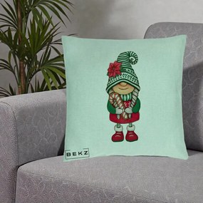 Perna Decorativa Gnom Craciun Verde cu Bomboane si Floare, 40x40 cm, Verde Menta, Husa Detasabila, Perna Inclusa, BEKZ®