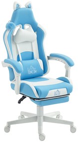 HOMCOM Scaun de gaming reclinabil cu suport pentru picioare și perne, 65x62x124 cm, alb și albastru | Aosom Romania