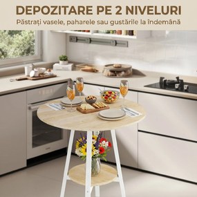 HOMCOM Masă Înaltă Rotundă cu Raft, Masă Modernă pentru Bucătărie sau Dining, PAL, Metal, Lemn Natural și Alb | Aosom Romania