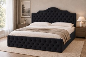Pat tapițat din catifea Imperio cu nasturi 140×200 cm, negru, cu ladă de depozitare