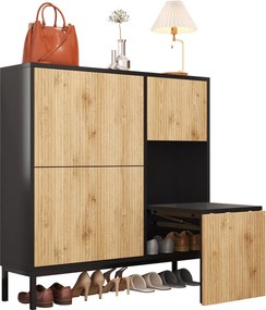 Dulap pentru pantofi cu taburet pentru schimbarea pantofilor, 3 compartimente cu suprafețe de depozitare, 100x25x100 cm, Negru+Culoare naturală