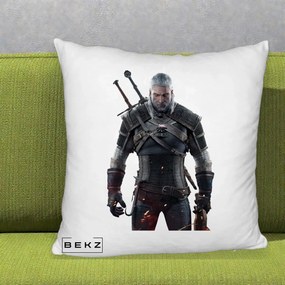 Perna Personalizata The Witcher Geralt of Rivia Portret, 40x40 cm, Alb Pufos, Husa Detasabila, Perna Inclusa, BEKZ®