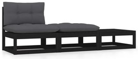 vidaXL Set mobilier grădină cu perne, 3 piese, negru, lemn masiv pin