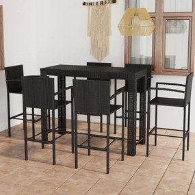 3064814 vidaXL Set bar exterior cu cotieră, 7 piese, negru, poliratan