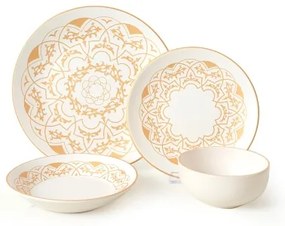 Set veselă 24 piese din ceramică, alb cu accente aurii