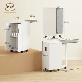 HOMCOM Mobilier pentru Masa de Călcat Pliabil cu Roți, Raft Reglabil și Închidere Soft Close, din Lemn și Material Textil, 128x43x83 cm, Alb | Aosom Romania