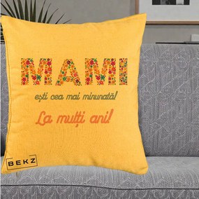 Cadou pentru Mama - Perna Personalizata Mami Esti Cea mai Minunata La Multi Ani cu Litere Florale, 40x40 cm, Galben, Husa Detasabila, Perna Inclusa, BEKZ®