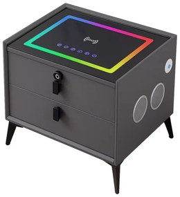 Noptiera inteligenta cu &icirc;ncărcare wireless și iluminare LED &ndash;culoare gri antracit, 2 Sertare de depozitare, difuzor Bluetooth