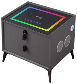 Noptiera inteligenta cu &icirc;ncărcare wireless și iluminare LED &ndash;culoare gri antracit, 2 Sertare de depozitare, difuzor Bluetooth