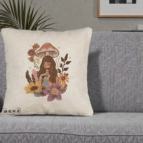 Perna Decorativa Fata Ciuperca Boho Florala, 40x40 cm, Bej Canapea, Husa Detasabila, Perna Inclusa, BEKZ®